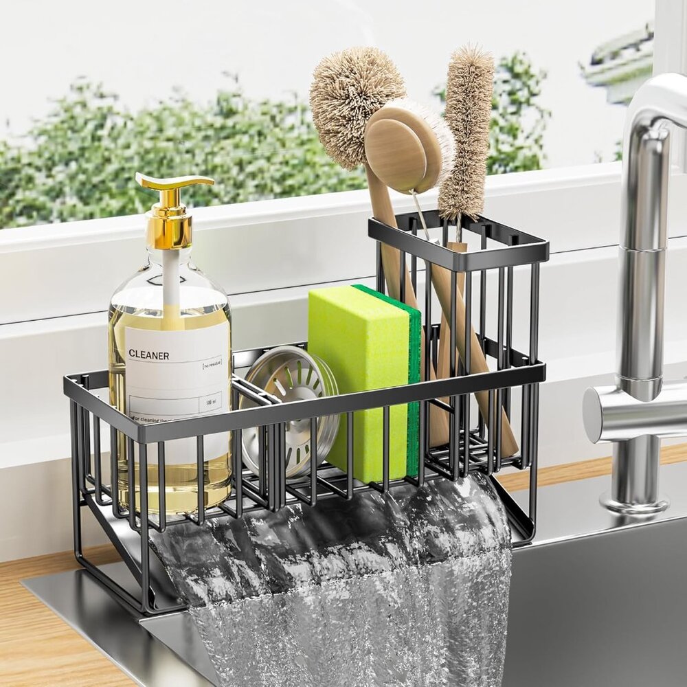 Kitchen Sink Caddy Organzier with High Brush Holder, Sponge Holder for Sink, 304